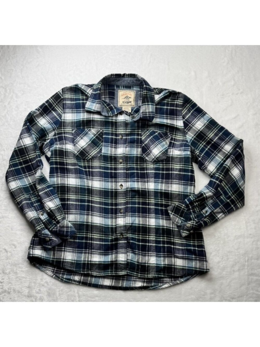 CQR Size L Womens Flannel Shirt Blue Plaid Long Sleeve Button Up